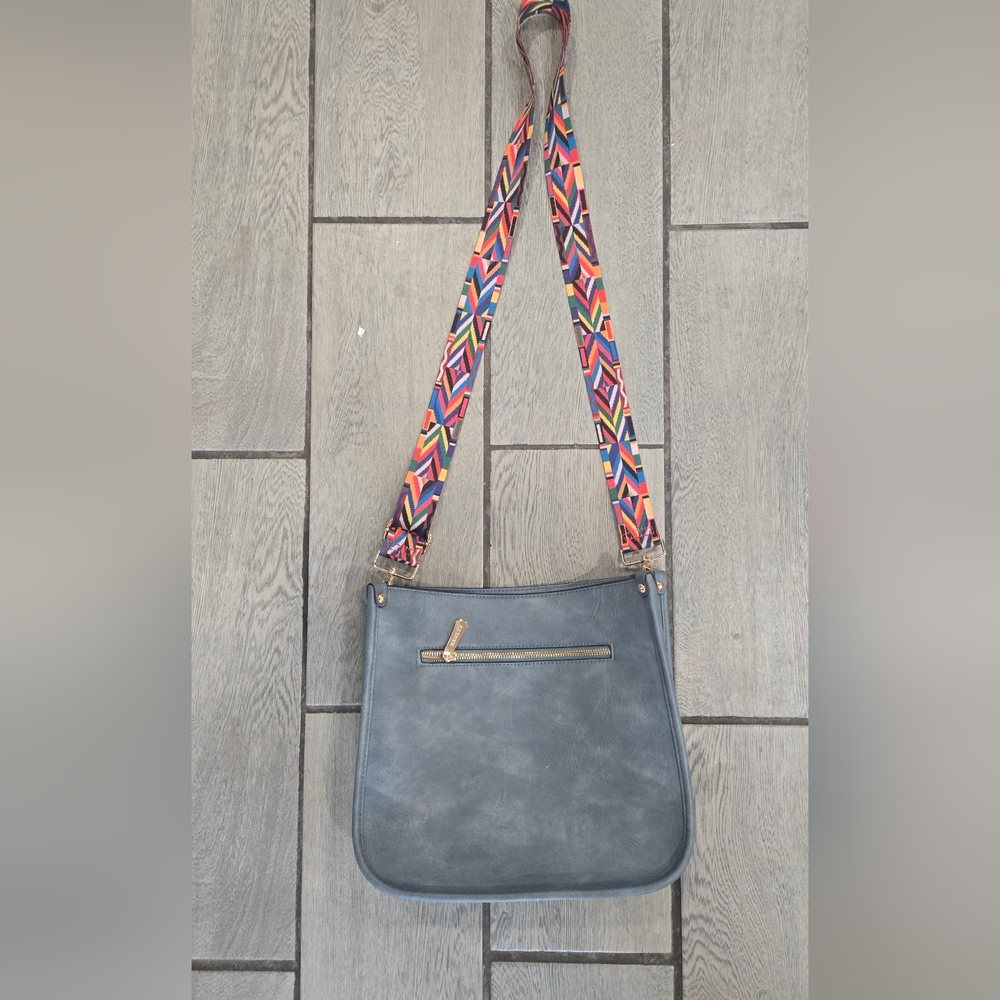 Gray and Red Crossbody Bag with Vibrant Strap
